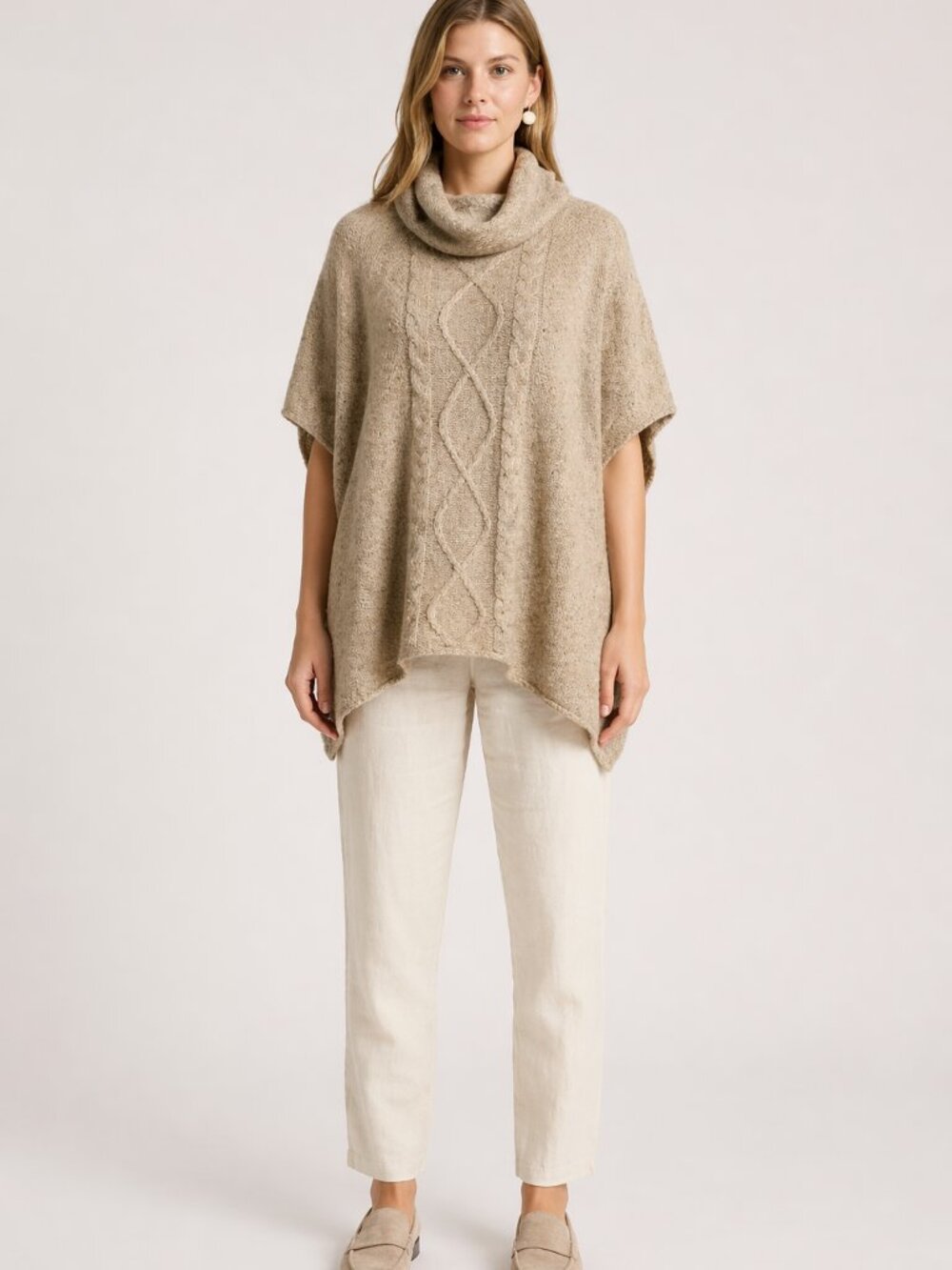 New Directions Weekend Cable Knit Cowl Neck Poncho Sweater L Beige Oversize